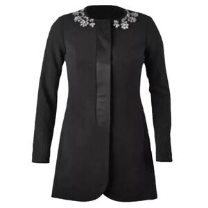 Cabi Black Symphony Longline Peacock Embellished Neckline Tailored Jewel Coat